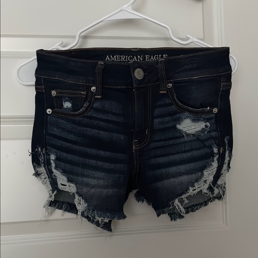 American Eagle Outfitters Women's Dark Blue Distressed Jean Shorts